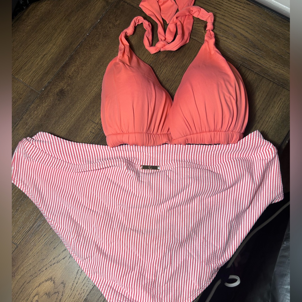 Coral Halter Bikini Top and Striped Bottom